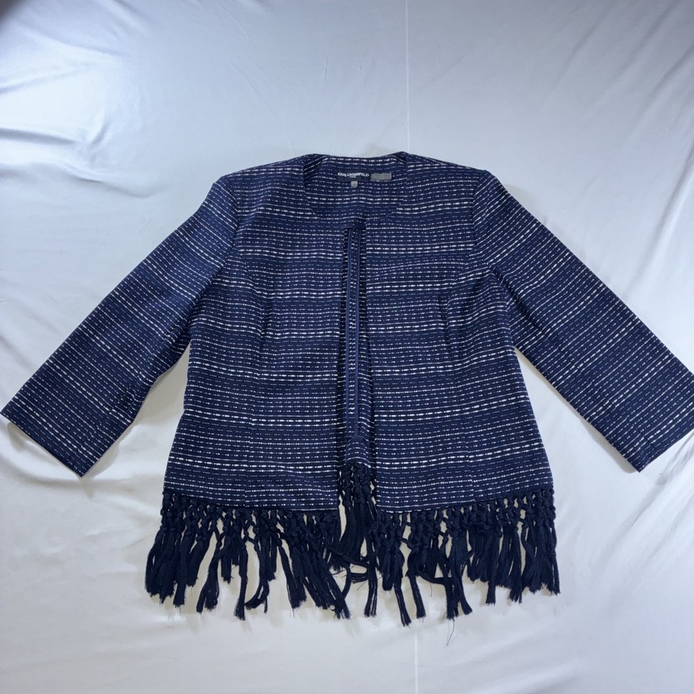 Karl Lagerfeld Paris‎ Navy Blue White Fringe Tweed Jacket Womens 8 Open Front